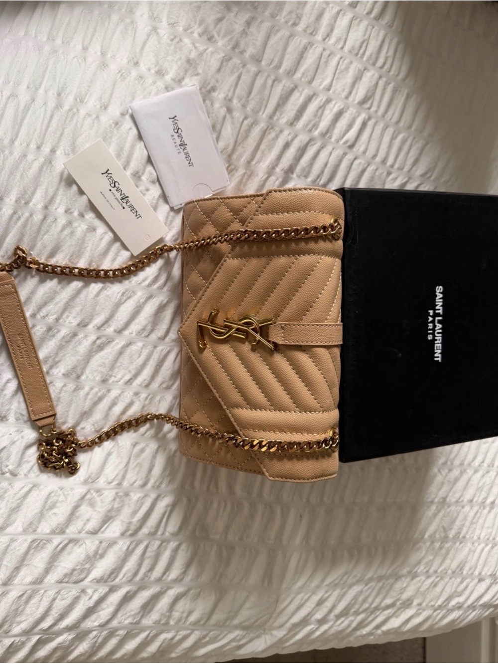 Beige Quilted Chain Shoulder Bag with